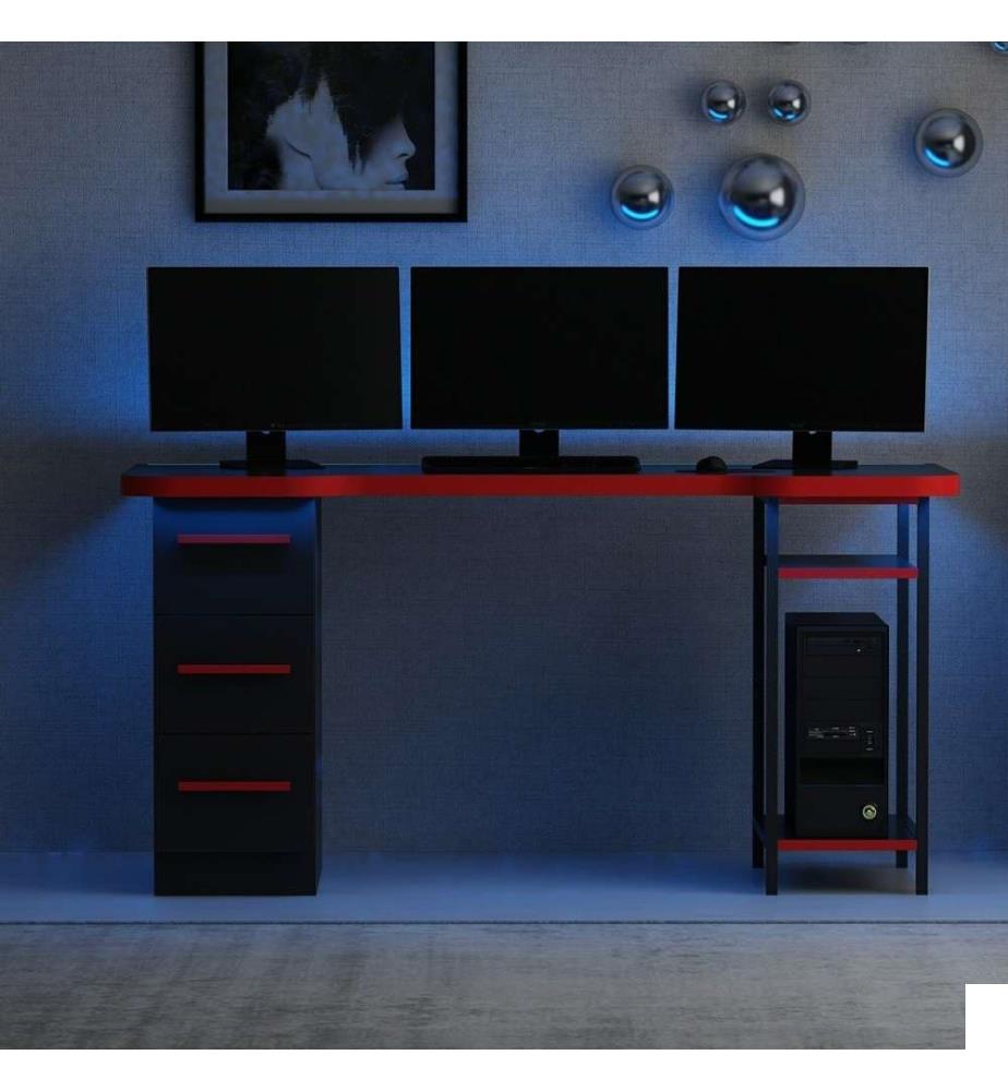 Gaming Desk, noir, rouge, panneau de particules mélaminé