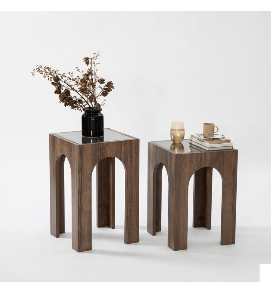 Set de table basse, transparent, noyer, verre trempé, cadre : Panneau de particules mélaminé