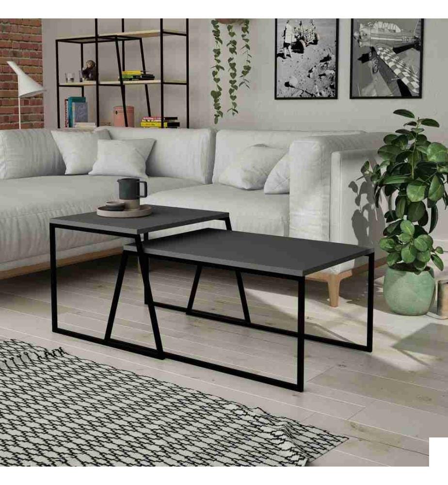 Set de table basse, noir anthracite, panneau de particules mélaminé, structure métallique