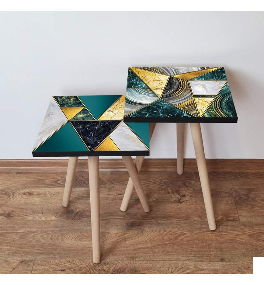 Table gigogne, 2 pièces, multicolore, 100 % MDF, , pieds en bois de hêtre