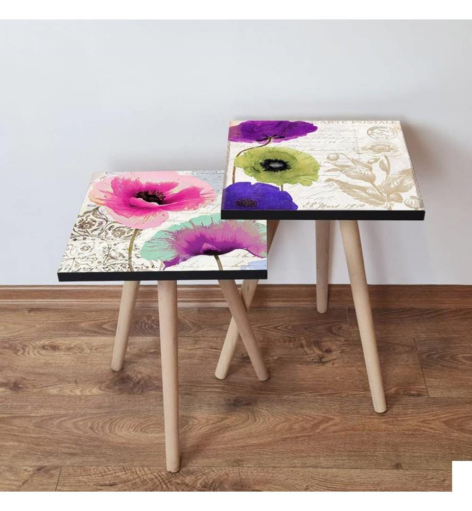 Table gigogne, 2 pièces, multicolore, 100 % MDF, , pieds en bois de hêtre