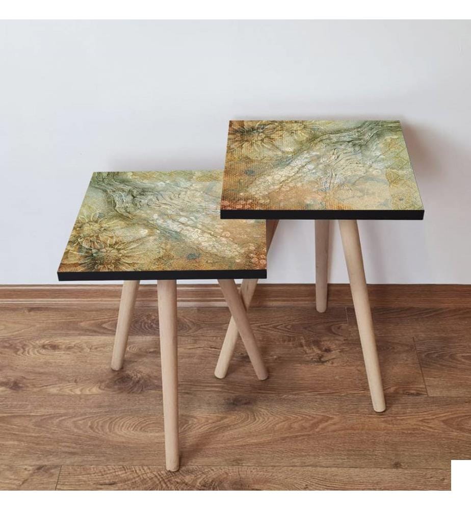 Table gigogne, 2 pièces, beige, vert, blanc, 100 % MDF, , pieds en bois de hêtre