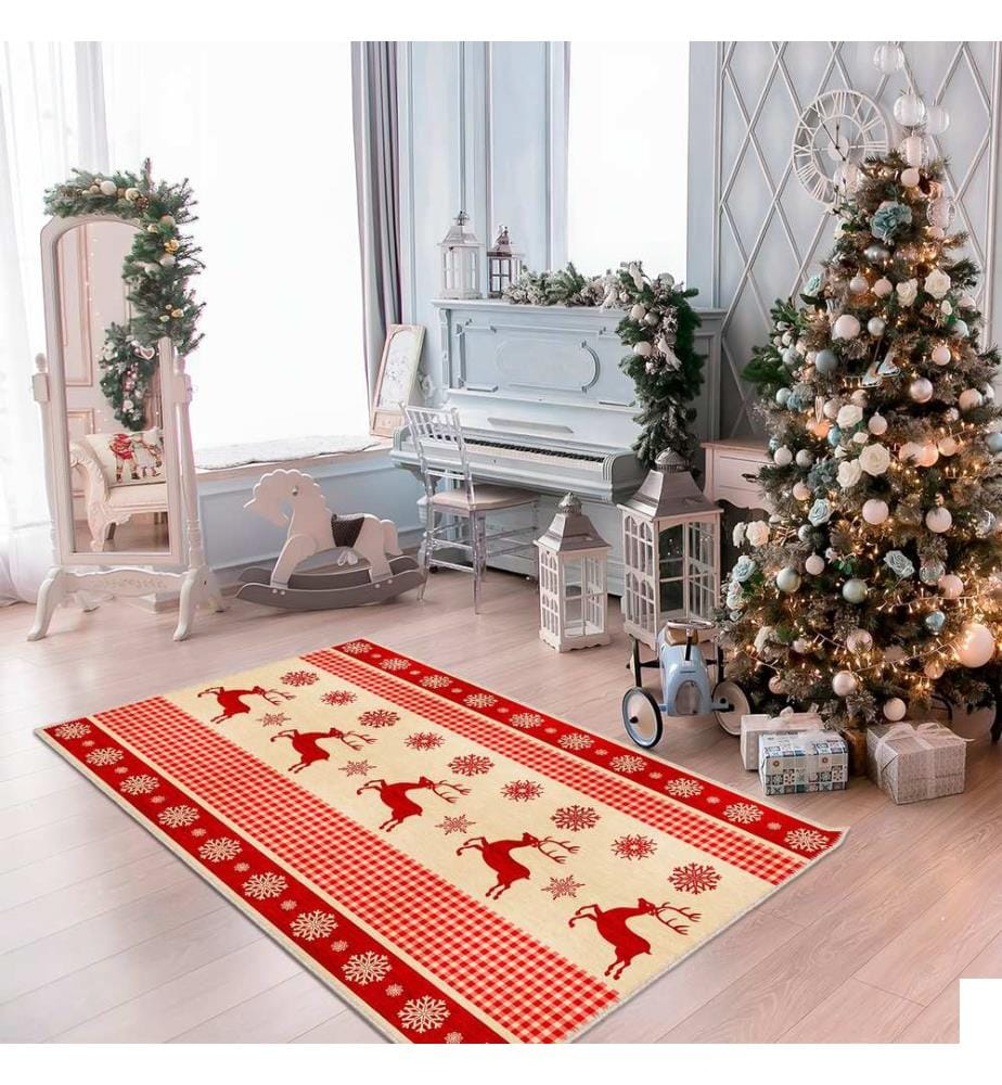 Tapis, rouge, crème, 70% coton / 30% chenille, 80 x 50 cm