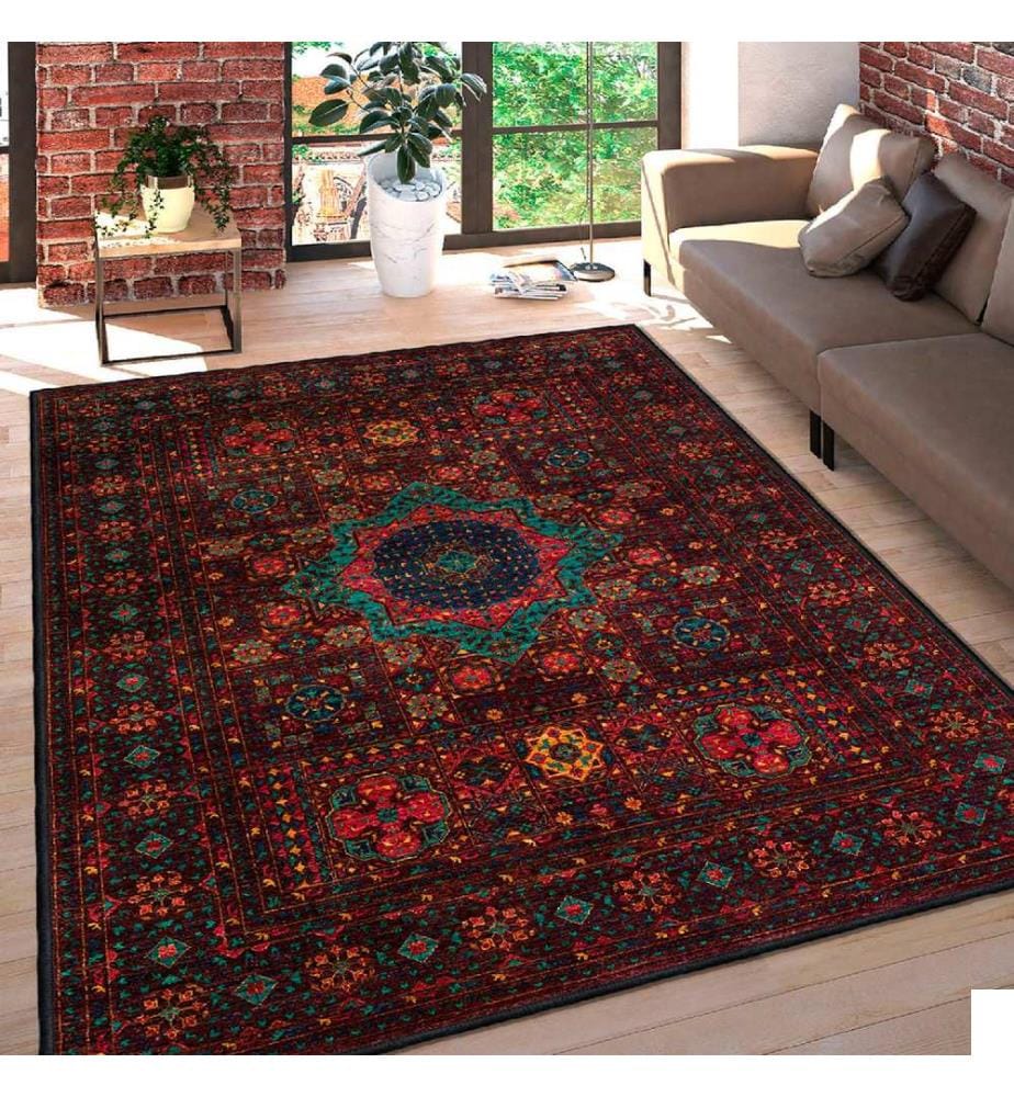 Tapis, rouge bordeaux, camel, vert, 100% coton, 80 x 50 cm