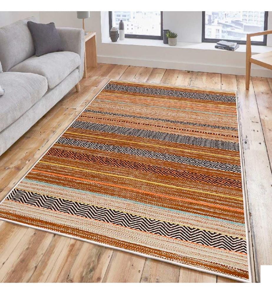 Tapis, crème, orange, jaune, bleu, noir, 100% coton, 80 x 50 cm