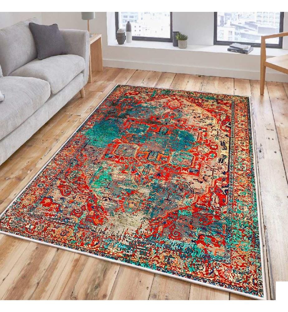 Tapis, crème, rouge, orange, bleu, noir, 100% coton, 80 x 50 cm