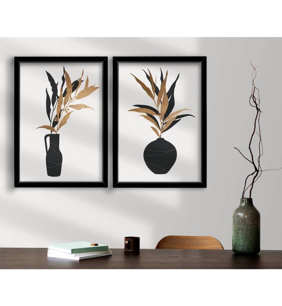 Tableau décoratif encadré en MDF, 2 pièces, brun blanc noir, MDF, encadrement en bois