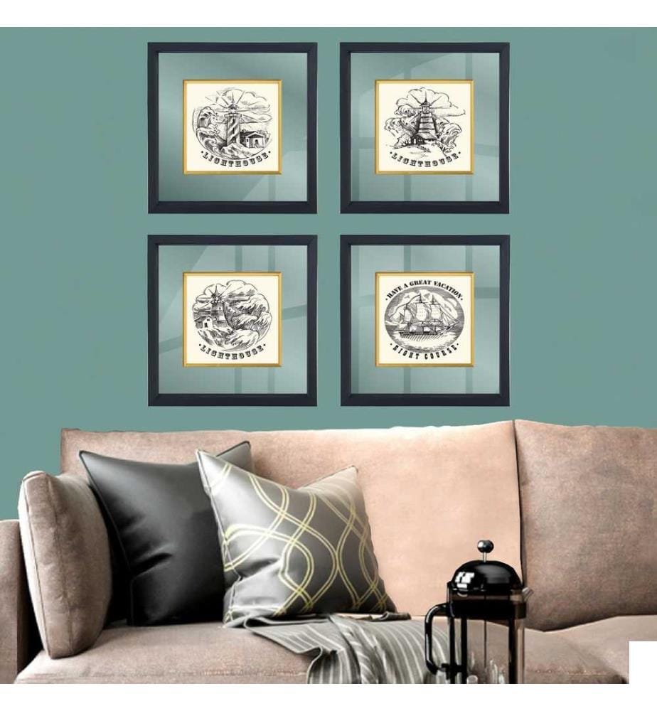 Tableau décoratif encadré, 4 pièces, multicolore, verre, cadre en bois
