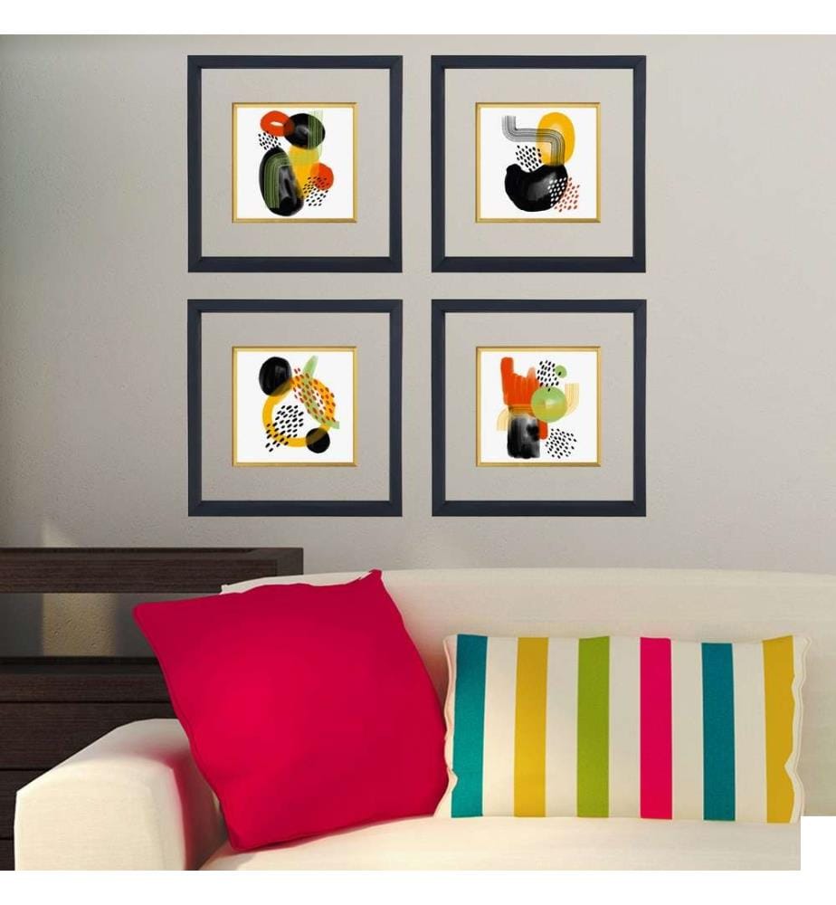 Tableau décoratif encadré, 4 pièces, multicolore, verre, cadre en bois