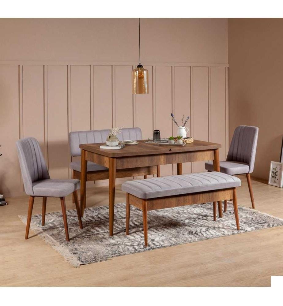 Ensemble table et chaises, 5 pièces, Walnut Soho, panneau de particules mélaminé, tissu polyester