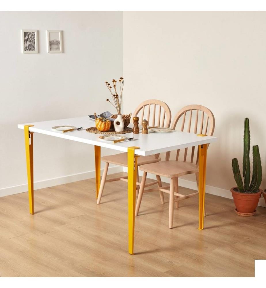 Table de salle à manger, blanc, jaune, panneau de particules mélaminé