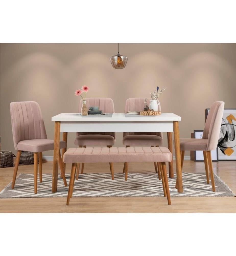 Ensemble table et chaises, 6 pièces, pin atlantique, pierre blanche, panneau de particules mélaminé