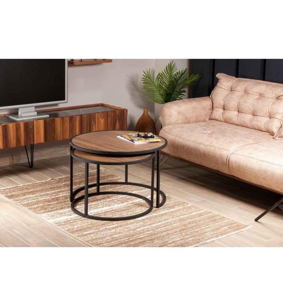 Table gigogne, 2 pièces, noyer, noir, panneau de particules mélaminé