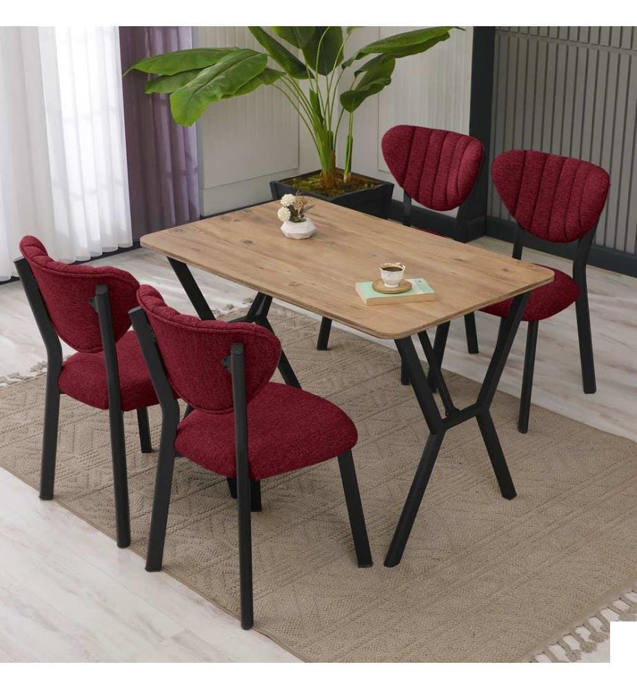 Table de salle à manger extensible avec chaises, 5 pièces, rouge bourgogne, noyer, 100 % panneau de particules mélaminé