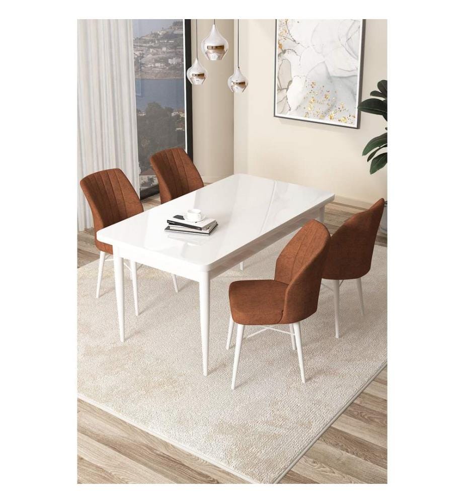 Ensemble de salle à manger avec table et chaises, 5 pièces, blanc, rouge carrelage, 100 % panneau de particules mélaminé