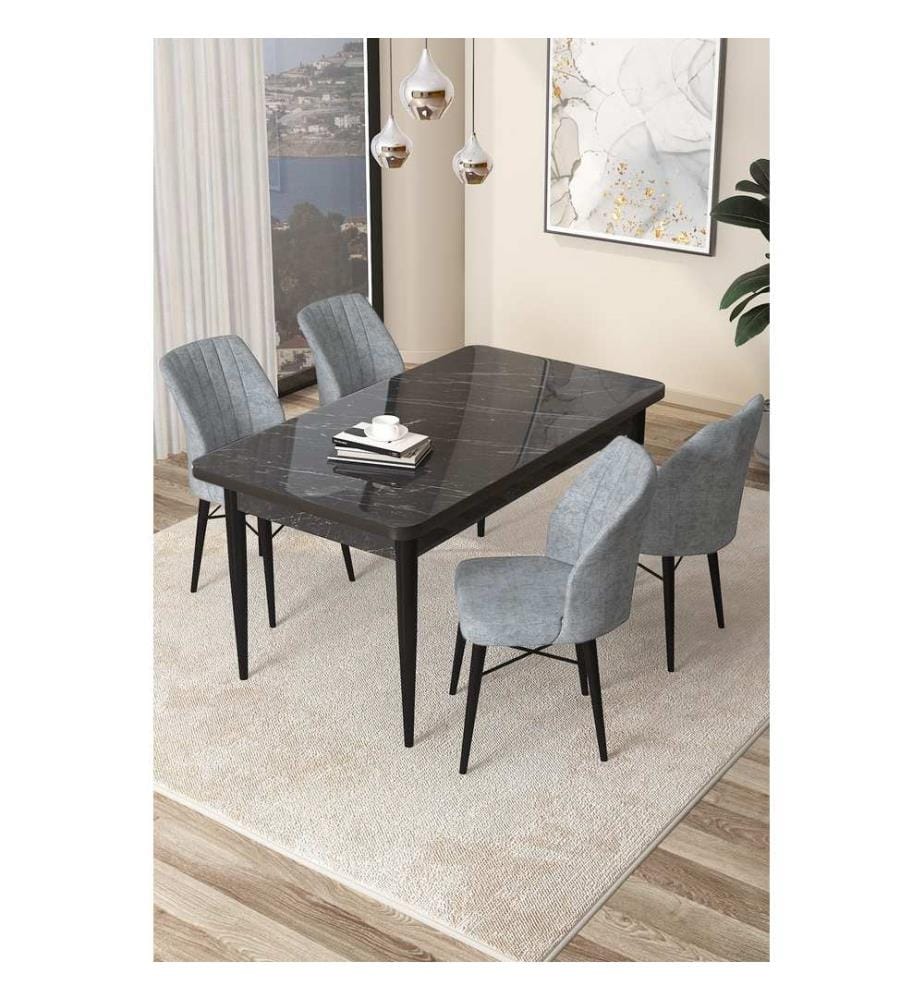 Ensemble de salle à manger avec table et chaises, 5 pièces, Marbre noir, Gris, 100 % panneau de particules mélaminé