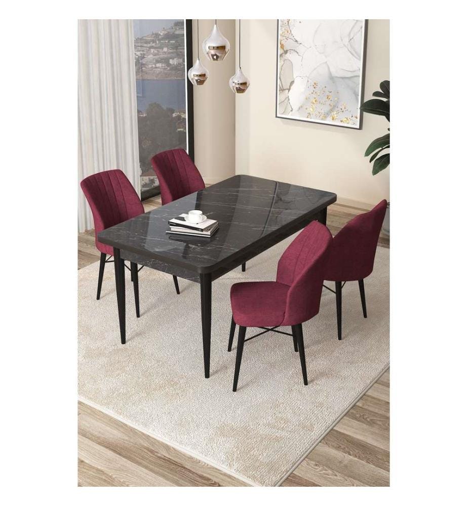 Ensemble de salle à manger avec table et chaises, 5 pièces, marbre noir, rouge bourgogne, 100 % panneau de particules mélaminé