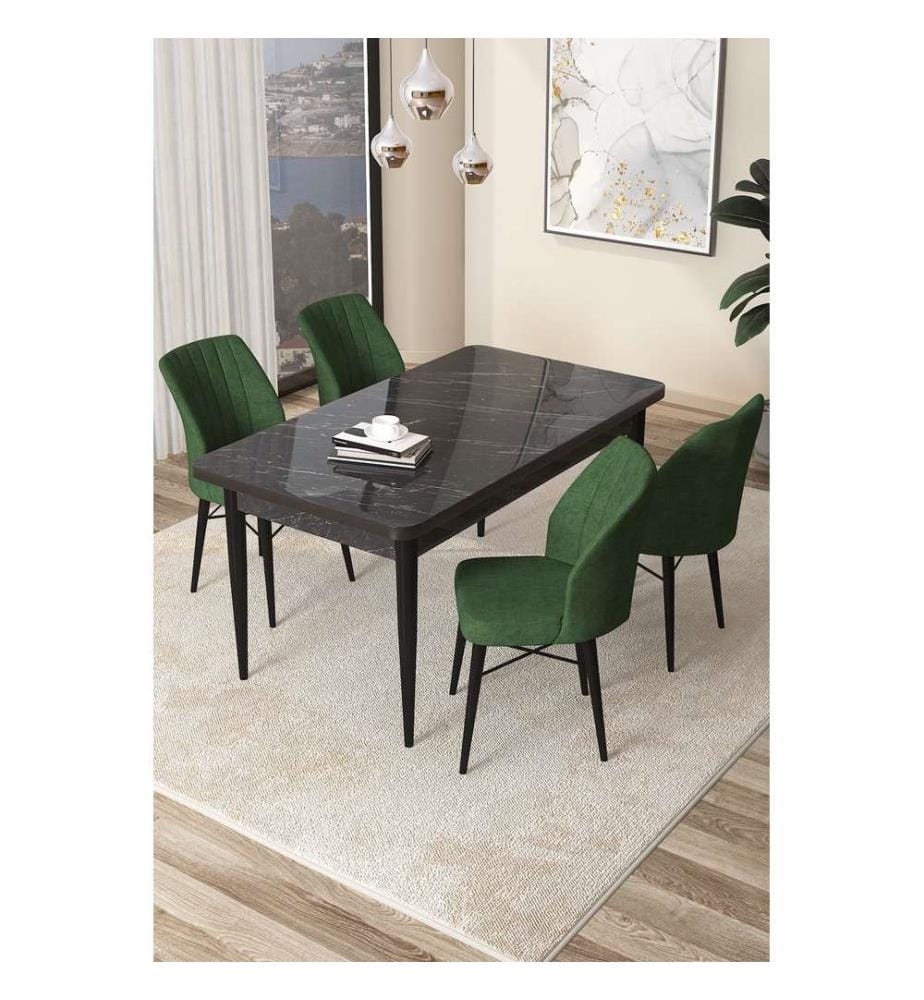 Ensemble de salle à manger avec table et chaises, 5 pièces, Marbre noir, Kaki, 100 % panneau de particules mélaminé