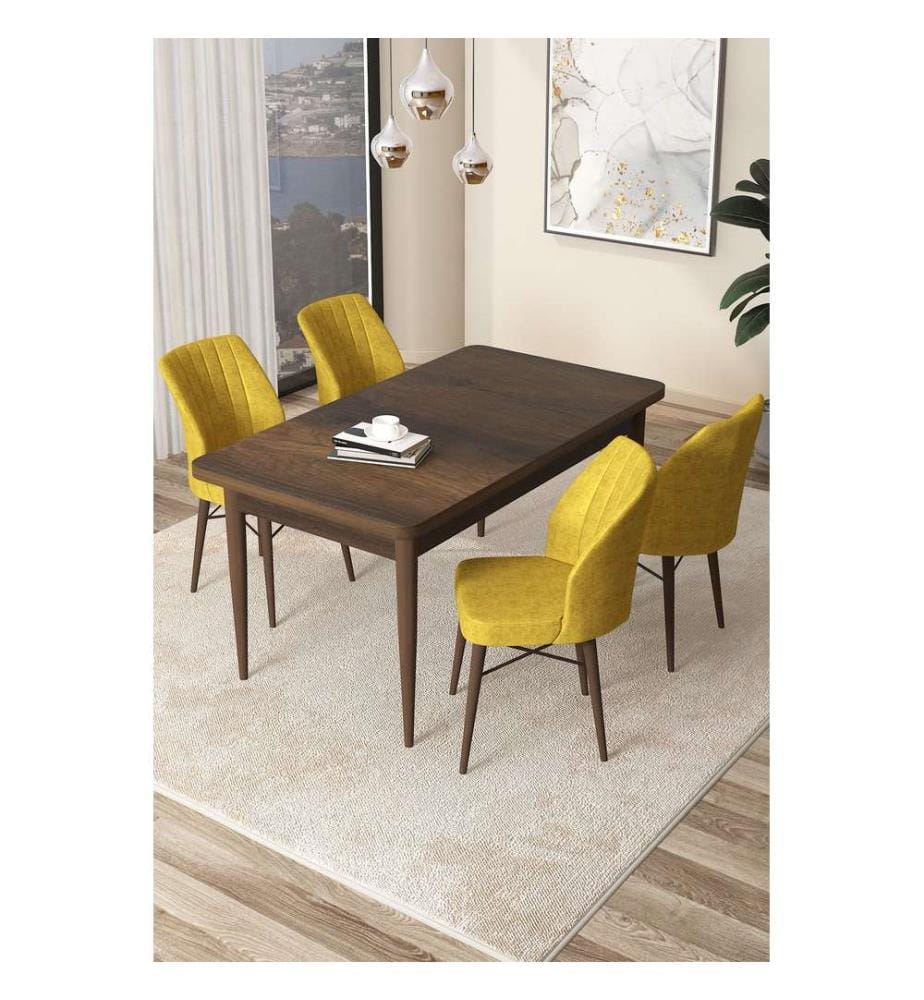 Ensemble de salle à manger avec table et chaises, 5 pièces, baroque, jaune moutarde, 100 % panneau de particules mélaminé