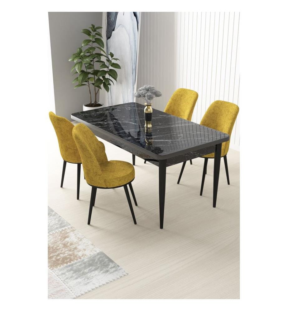 Ensemble de salle à manger avec table et chaises, 5 pièces, Marbre noir, jaune moutarde, 100 % panneau de particules mélaminé