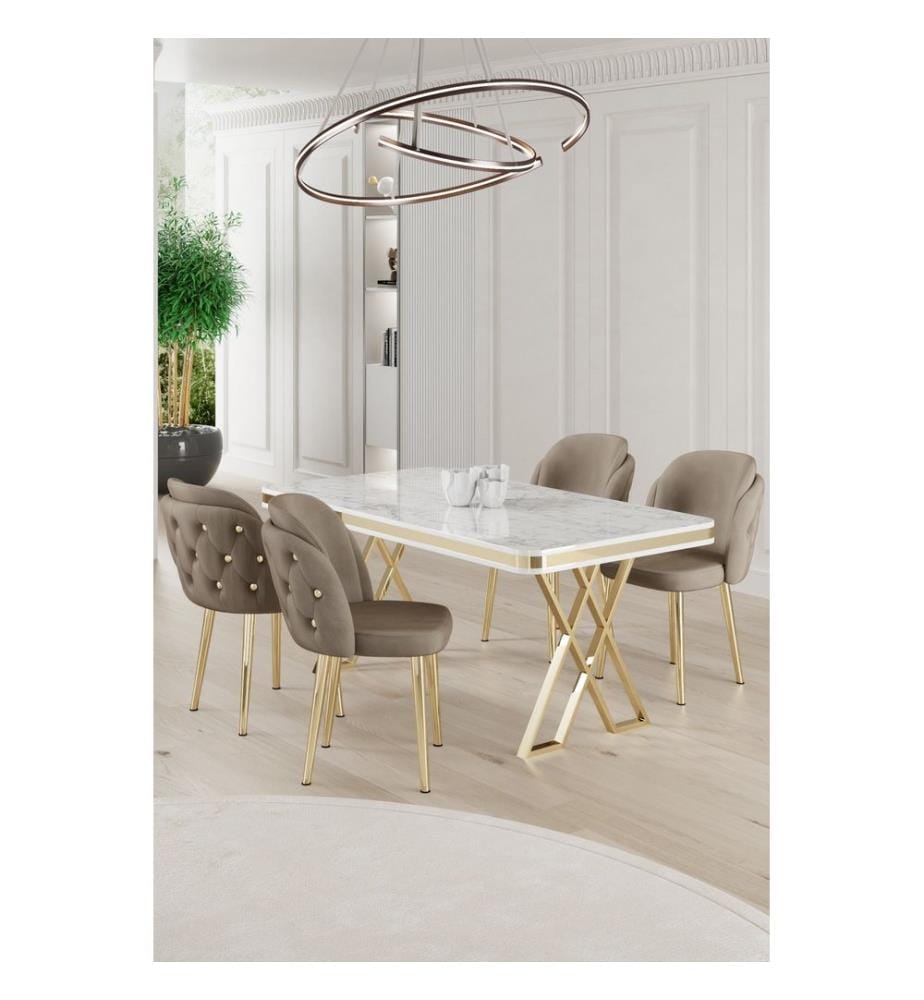 Ensemble de salle à manger avec table et chaises, 5 pièces, blanc, or, cappuccino, plateau 100 % laqué