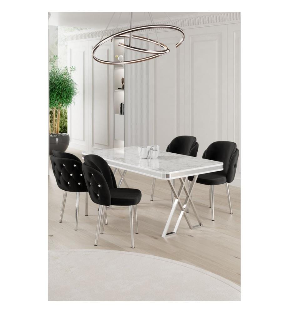 Ensemble de salle à manger avec table et chaises, 5 pièces, blanc, chrome, noir, plateau 100 % laqué