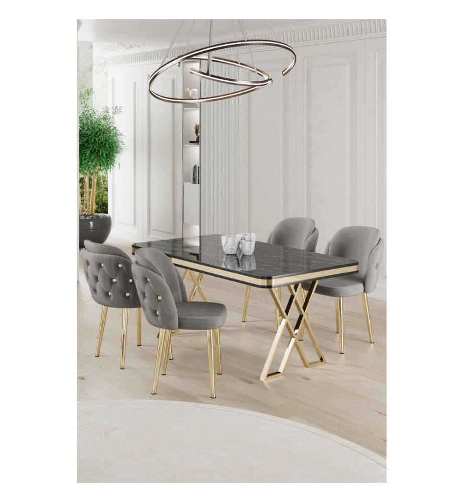 Ensemble de salle à manger avec table et chaises, 5 pièces, marbre noir, or, gris, plateau 100 % laqué