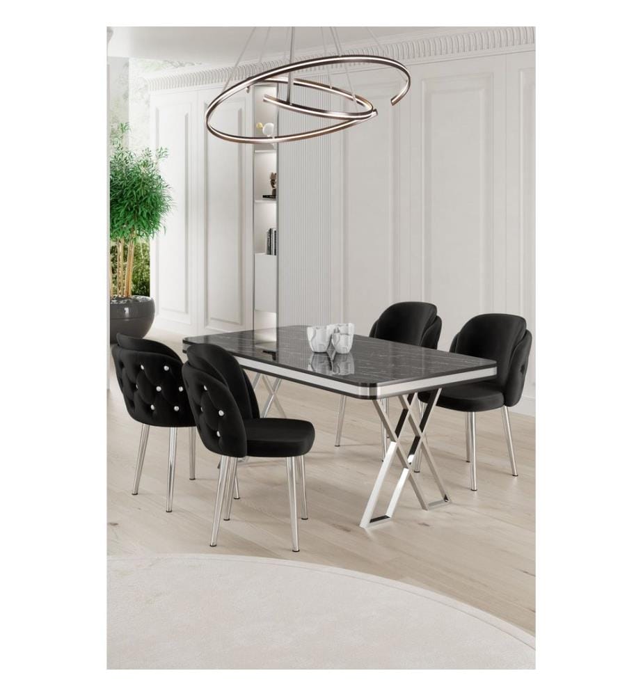 Ensemble de salle à manger avec table et chaises, 5 pièces, marbre noir, chrome, noir, panneaux 100 % laqués