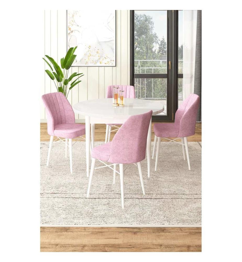 Ensemble de salle à manger avec table et chaises, 5 pièces, blanc, rose, 100 % panneau de particules mélaminé