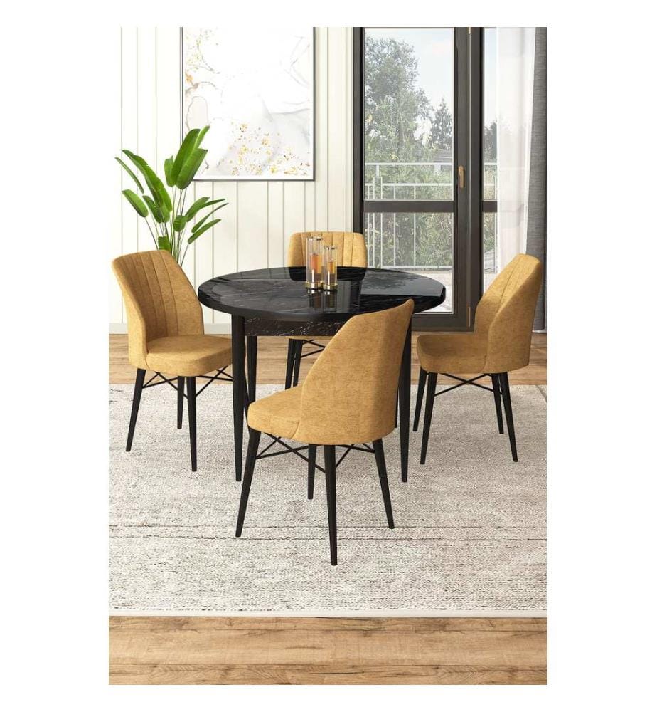 Ensemble de salle à manger avec table et chaises, 5 pièces, marbre noir, cappuccino, 100 % panneau de particules mélaminé
