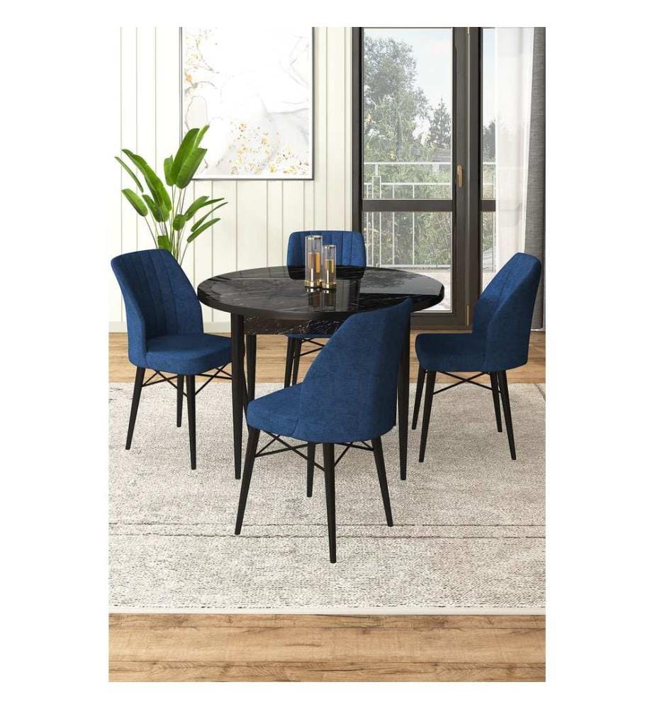 Ensemble de salle à manger avec table et chaises, 5 pièces, marbre noir, bleu marine, 100 % panneau de particules mélaminé