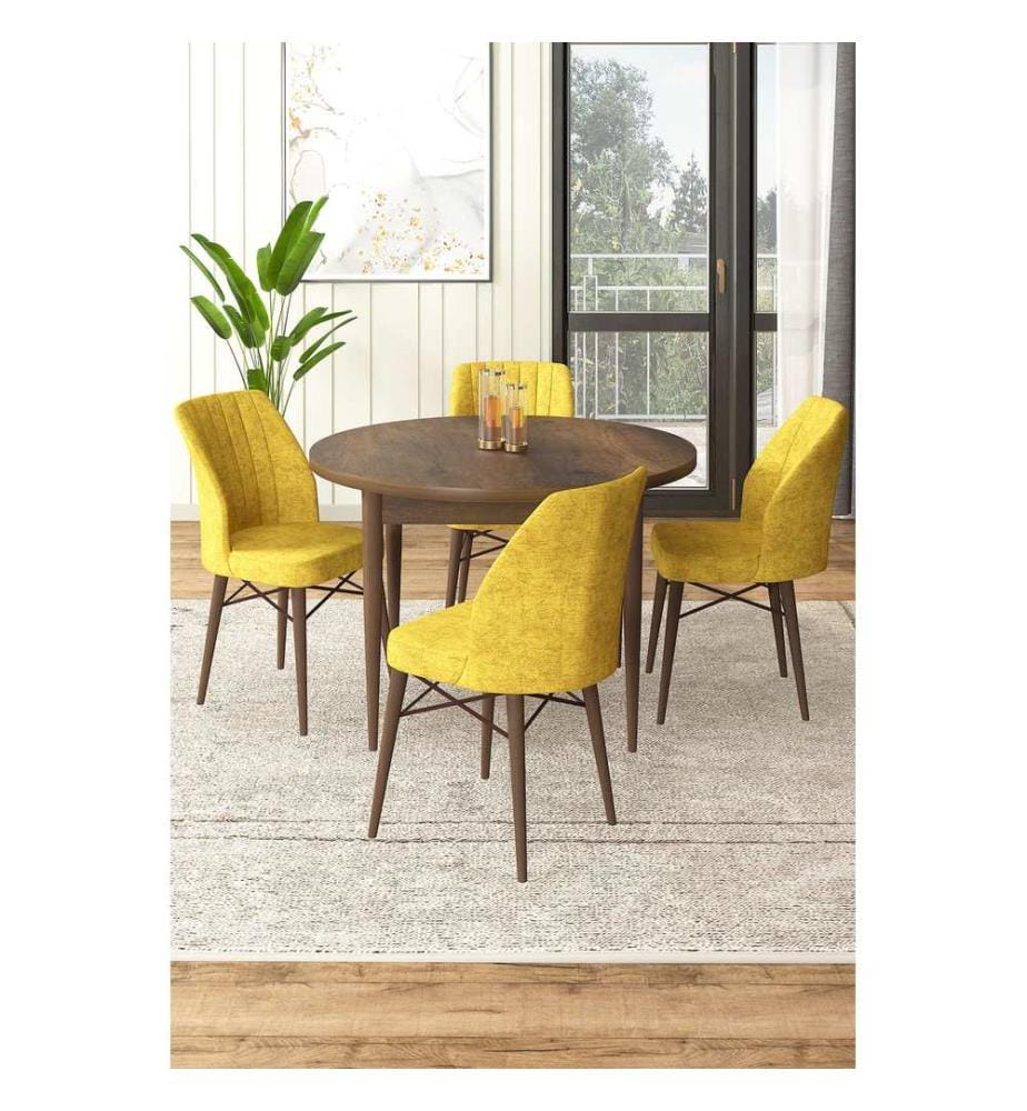 Ensemble de salle à manger avec table et chaises, 5 pièces, baroque, jaune moutarde, 100 % panneau de particules mélaminé