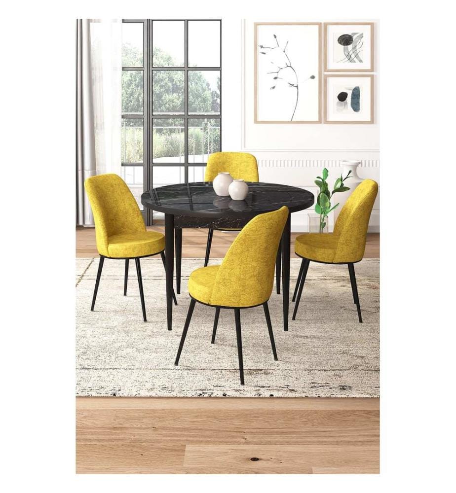 Ensemble de salle à manger avec table et chaises, 5 pièces, Marbre noir, jaune moutarde, 100 % panneau de particules mélaminé
