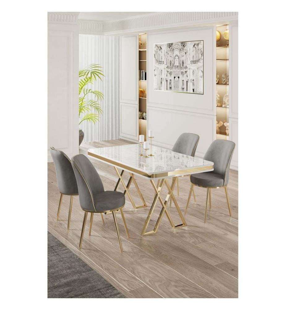 Ensemble de salle à manger avec table et chaises, 5 pièces, blanc, or, gris, 100 % plateau laqué