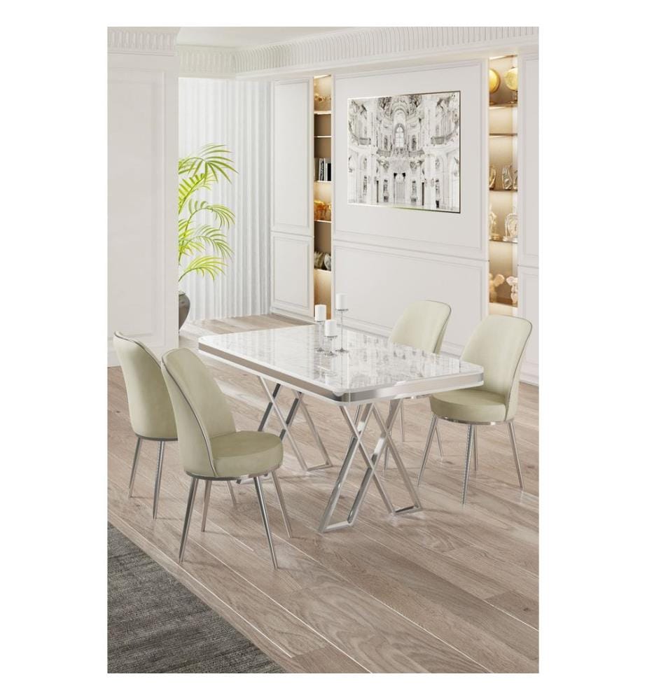 Ensemble de salle à manger avec table et chaises, 5 pièces, blanc, chrome, crème, plateau 100 % laqué