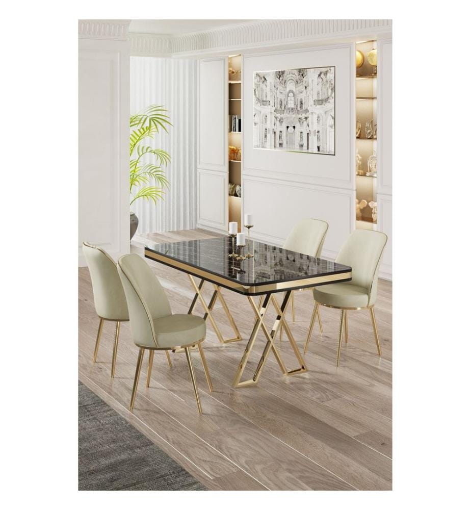 Ensemble de salle à manger avec table et chaises, 5 pièces, marbre noir, or, crème, plateau 100 % laqué