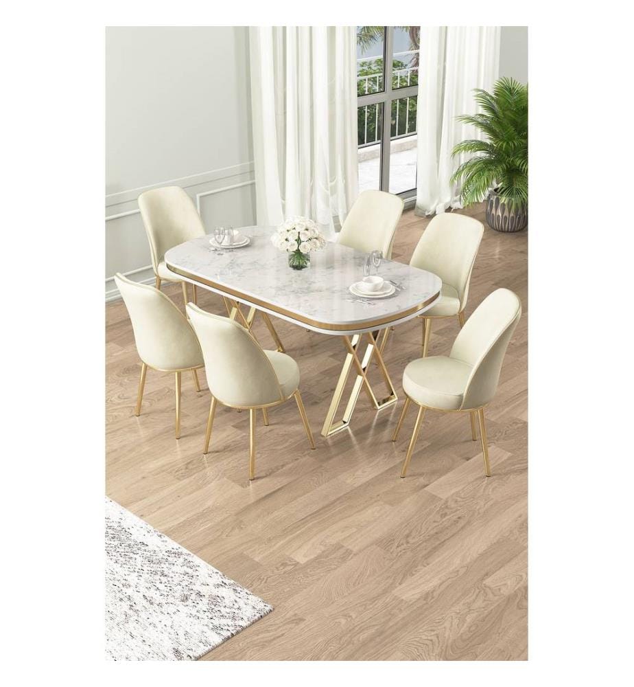 Ensemble de salle à manger avec table et chaises, 7 pièces, blanc, or, crème, plateau 100 % laqué