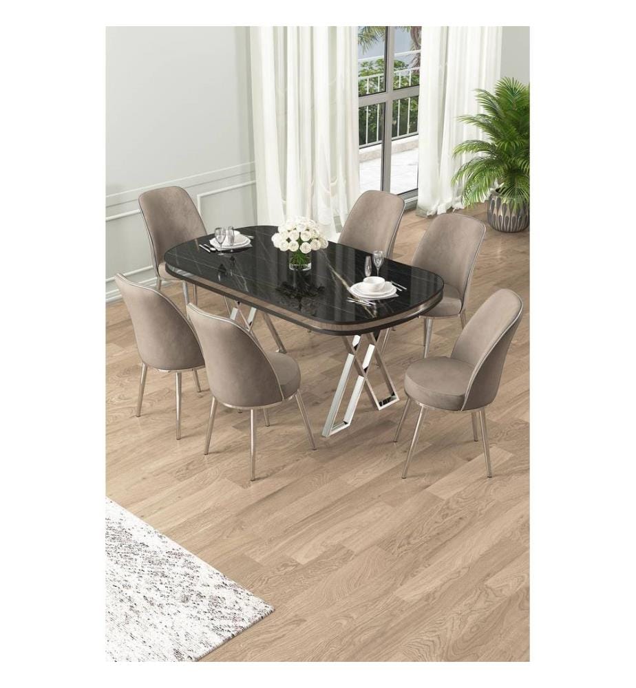 Ensemble de salle à manger avec table et chaises, 7 pièces, marbre noir, chrome, cappuccino, plateau 100 % laqué