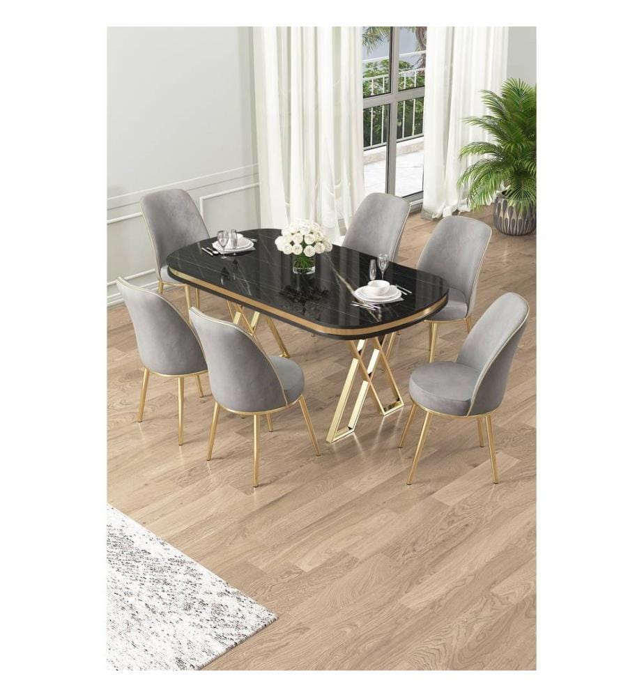 Ensemble de salle à manger avec table et chaises, 7 pièces, marbre noir, or, gris, plateau 100 % laqué