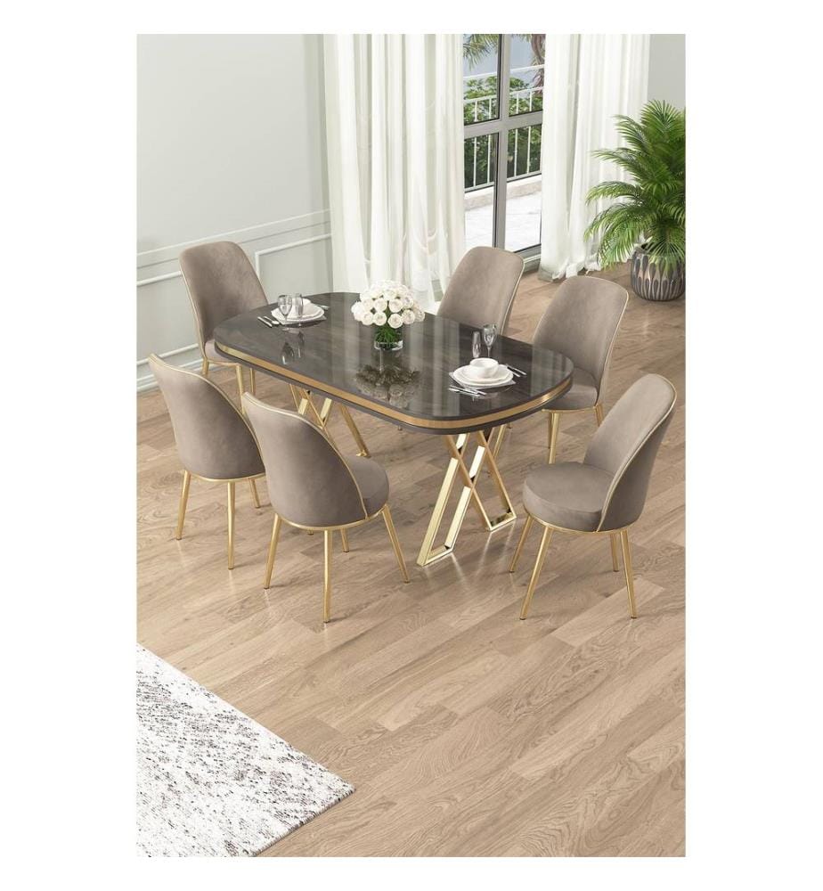 Ensemble de salle à manger avec table et chaises, 7 pièces, anthracite, or, cappuccino, plateau 100 % laqué