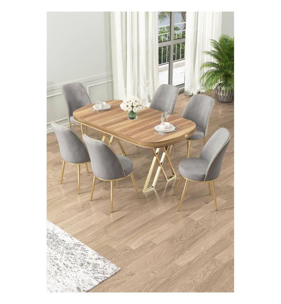 Ensemble de salle à manger avec table et chaises, 7 pièces, noyer clair, or, gris, 100 % panneau laqué