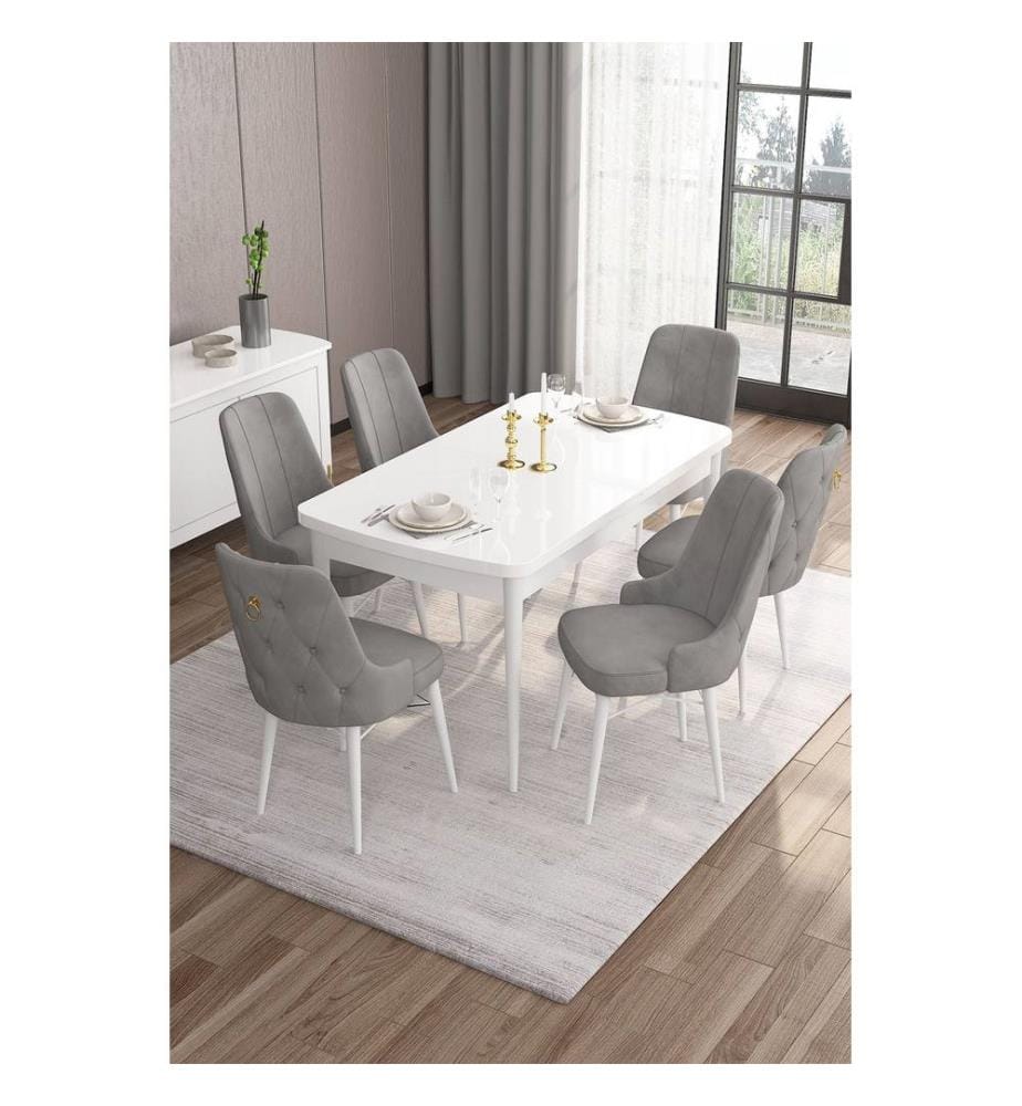 Table de salle à manger extensible avec chaises, 7 pièces, blanc, gris, 100 % MDF