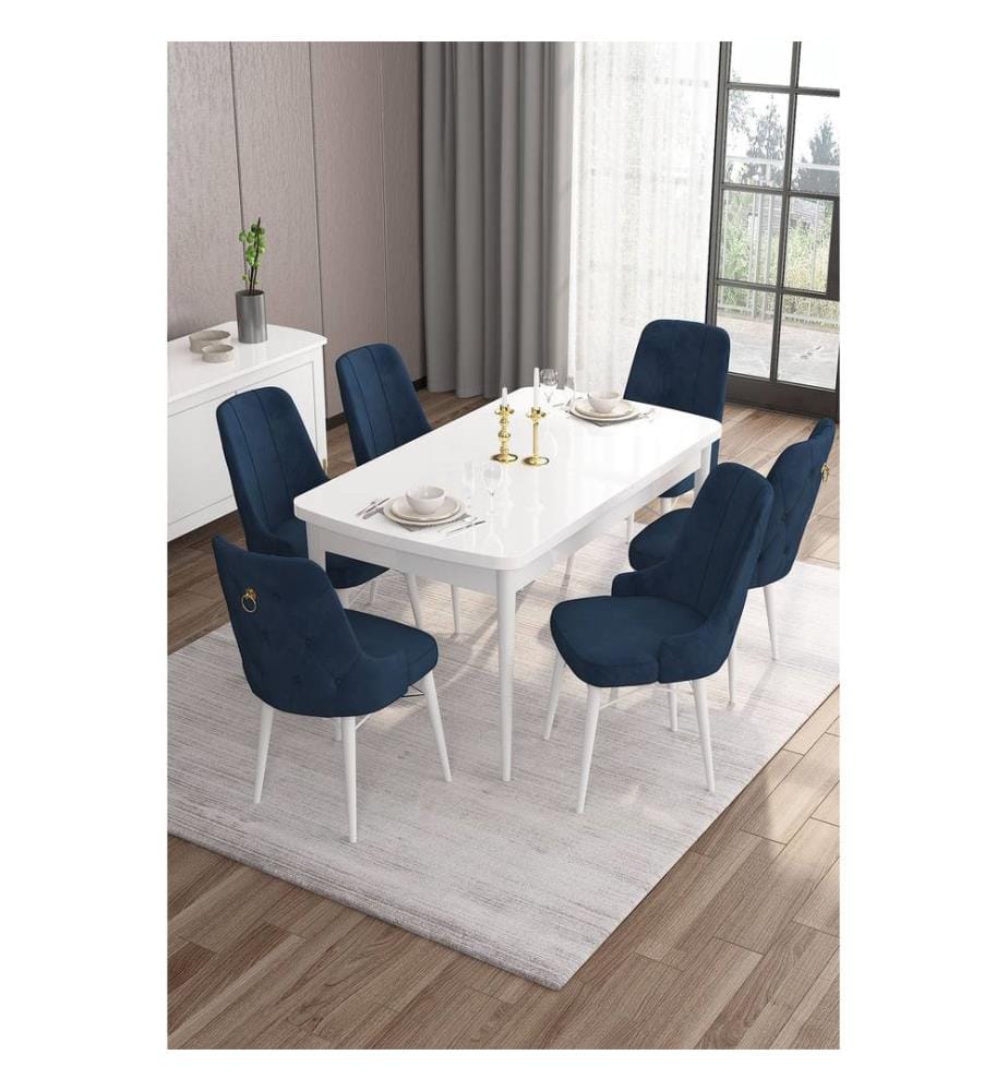 Table de salle à manger extensible avec chaises, 7 pièces, blanc, bleu marine, 100 % MDF