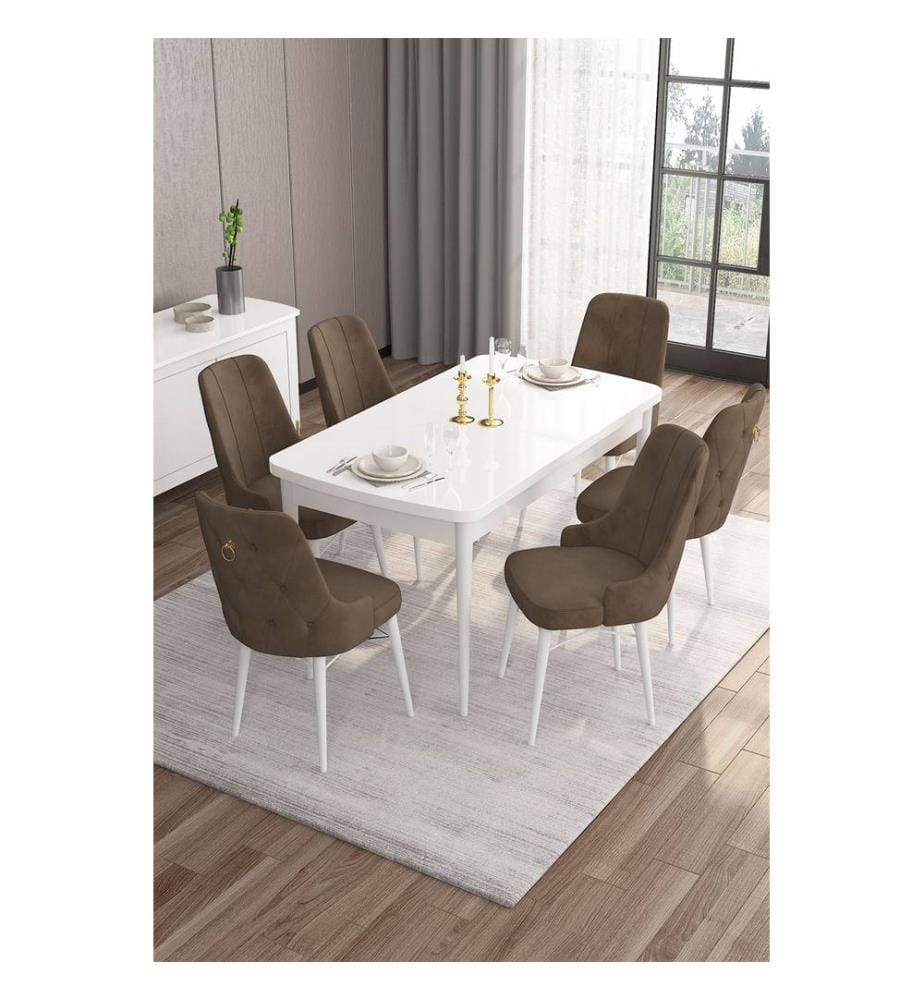 Table de salle à manger extensible avec chaises, 7 pièces, blanc, marron, 100 % MDF
