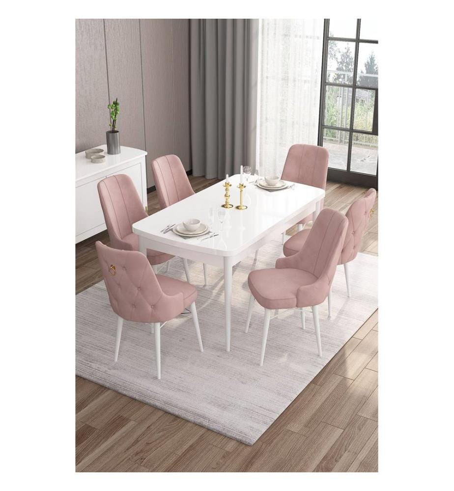 Table de salle à manger extensible avec chaises, 7 pièces, blanc, rose, 100 % MDF