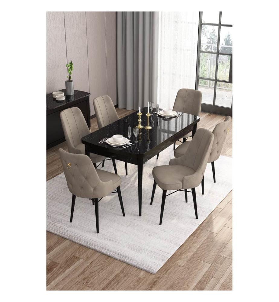 Table de salle à manger extensible avec chaises, 7 pièces, Marbre noir, Cappuccino, 100 % MDF