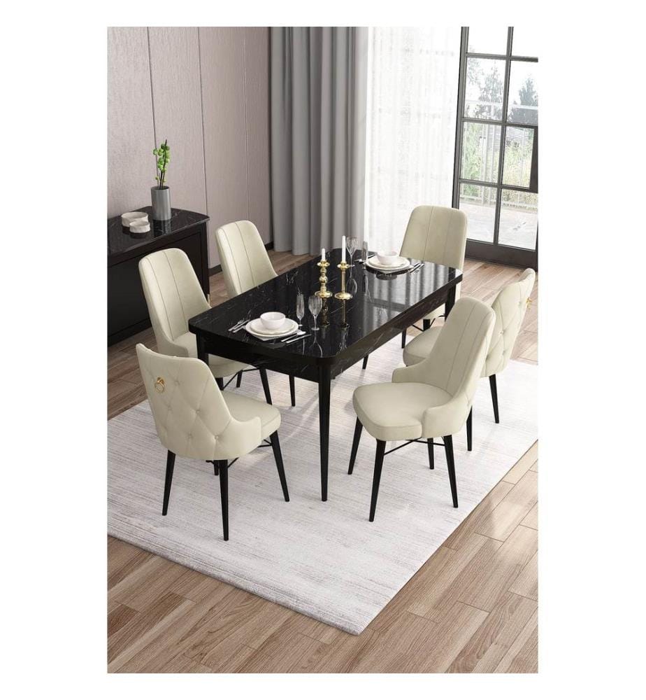 Table de salle à manger extensible avec chaises, 7 pièces, Marbre noir, Crème, 100 % MDF