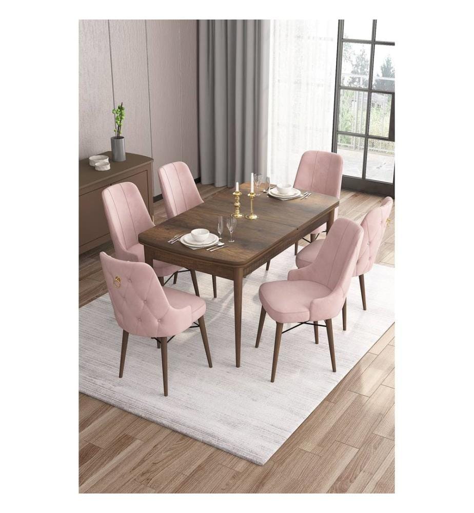 Table de salle à manger extensible avec chaises, 7 pièces, Baroque, Rose, 100 % MDF