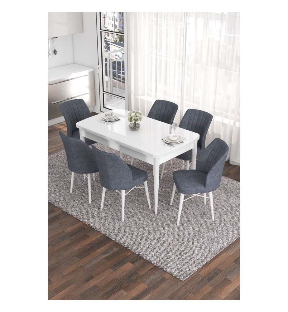 Table de salle à manger extensible avec chaises, 7 pièces, blanc, gris fumé, 100 % MDF