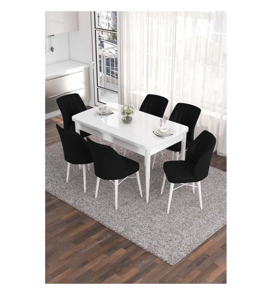 Table de salle à manger extensible avec chaises, 7 pièces, blanc, noir, 100 % MDF